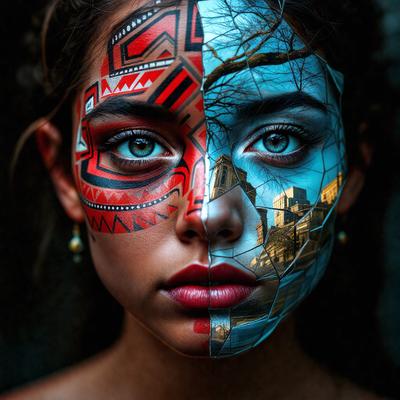 The primary subject of the image is a woman with a face painted in two different colors, red and blue. She is wearing a necklace and has a tattoo on her face. The setting is a dark room, and the visual style appears to be a combination of a photo and digital art. The colors and mood of the image are dramatic and striking, with the woman's face being the main focus of the image.